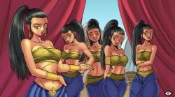 bandeau bare_shoulders black_hair breasts butt_crack cg cleavage dark-skinned_female dark_skin earrings hentai_heroes high_ponytail jewelry kinkoid large_breasts lips long_hair makeup medium_breasts midriff multiple_girls nabooru navel official_art pants parody ponytail sheheramazond_(hentai_heroes) smile strapless tube_top yellow_eyes