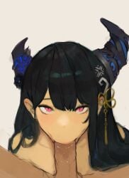 :>= black_hair blowjob demon demon_girl fellatio femsub hololive horns lipstick long_hair looking_at_viewer maledom nerissa_ravencroft nude oral penis pov_male red_eyes virtual_youtuber ynonamai