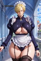 1boy ai ai_generated big_breasts blonde_hair busty child_bearing_hips cosplay cuntboy cuntboy/male genderswap hourglass_figure indoors looking_at_viewer maid maid_uniform mature_male one_piece posing sanji sanji_(one_piece) sexy_body short_hair shounen_jump smile thick_thighs tsf underwear walking wide_hips