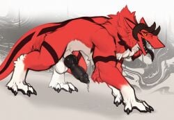 4_legs absurd_res allanthesergal52 allanthesergal52_(character) ambiguous_fluids animal_genitalia balls belly black_horn black_penis black_stripes bodily_fluids demon dripping drooling erection feral fur genital_fluids genitals grin hi_res horn huge_filesize knot knotted_penis looking_at_viewer male mane markings neck_tuft orange_eyes penis precum precum_drip precum_string quadruped red_body red_mane red_scales saliva scales sergal sheath side_view smile solo standing striped_markings striped_tail stripes tail tail_markings tuft white_belly white_body white_chest white_fur white_paws yellow_eyes