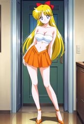 bishoujo_senshi_sailor_moon blonde_hair_female blue_eyes blue_eyes_female hair_bow high_heels long_hair long_hair_female looking_at_viewer medium_boobs medium_breasts medium_tits minako_aino orange_high_heels orange_skirt pov sexy sexy_female skirt solo solo_female solo_focus thighs upscaled