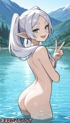 1girl :d ai_generated aqua_eyes ass back bangs breasts brokewyt completely_nude cuckold day earrings elf frieren frieren_beyond_journey's_end from_behind green_eyes hair_censor hair_over_breasts hi_res high_quality high_resolution highres jewelry lake long_hair looking_at_viewer looking_back mountain mountainous_horizon nature netorare nude open_mouth outdoors parted_bangs pointy_ears sky smile solo sousou_no_frieren teeth twintails uncensored v wading water wet