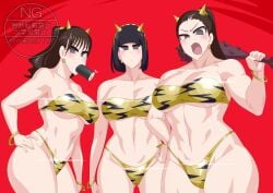 3girls atropos_(kamen_rider_gotchard) bikini black_hair blush breasts brown_hair clotho_(kamen_rider_gotchard) grey_eyes kamen_rider kamen_rider_gotchard_(series) lachesis_(kamen_rider_gotchard) otokam1117 sisters thighs tokusatsu voluptuous voluptuous_body voluptuous_female