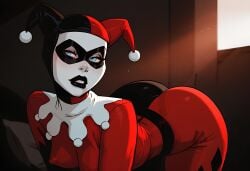 1girls 2d 2d_(artwork) ai_assisted ai_generated all_fours ass batman_(series) beautyash big_ass bodysuit breasts bubble_ass bubble_butt costume dc dc_comics digital_drawing_(artwork) digital_media_(artwork) female female_focus female_only harley_quinn harley_quinn_(classic) jester jester_costume jester_outfit light-skinned_female light_skin on_all_fours on_knees presenting presenting_ass thick_ass thick_thighs