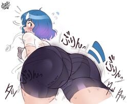 1girls blue_hair female from_below saitomoriyama short_hair solo solo_female spats transparent_clothing vena_(sait0moriyama) volleyball_shorts walking white_background white_skin