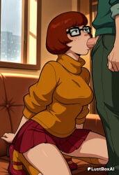 1boy 1boy1girl 1girls ai_generated artist_name black-framed_eyewear blowjob_while_penetrated bob_cut breasts brown_eyes brown_hair cartoon_network clothed_sex couch fellatio female freckles glasses hanna-barbera hetero hi_res indoors kneehighs kneeling lustboxai mary_janes medium_breasts miniskirt oral orange_socks orange_sweater panties pants patreon_username penis pleated_skirt rain red_footwear red_skirt scooby-doo shirt shoes short_hair skirt sleeves_rolled_up socks solo_focus sweater turtleneck turtleneck_sweater uncensored underwear velma_dinkley warner_brothers white_panties window