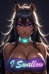 ai_generated animal_girl big_lips black_hair brown_eyes brown_skin choker cleavage collar dark-skin dark-skinned_female english_text eyebrows eyeshadow glowing grok horse_ears horse_girl horsegirl large_breasts long_hair looking_at_viewer makeup off_shoulder seductive smile text tight_clothing underboob