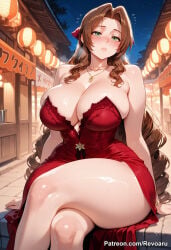 1girl aerith_gainsborough ai_generated big_breasts brown_hair female final_fantasy final_fantasy_vii final_fantasy_vii_remake mature_female revoaru thick_thighs thighs