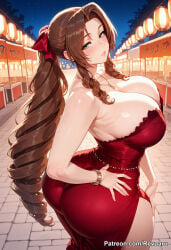 1girl aerith_gainsborough ai_generated big_breasts brown_hair female final_fantasy final_fantasy_vii final_fantasy_vii_remake mature_female revoaru thick_thighs thighs