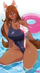 absurd_res angel_(lightsource) animal_ears anthro black_nose blush brown_body brown_eyes brown_fur brown_hair brown_skin canine cleavage dog_ears dog_girl ear_tuft fluffy_tail fur furry huge_breasts inflatable lightsource long_hair looking_at_viewer mammal messy_hair on_knees original swim_ring swimsuit tail thick_thighs water wide_hips