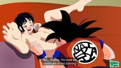 1boy 1boy1girl 1girls bed bedroom black_hair blush breasts chichi clothed_male_nude_female cunnilingus dragon_ball dragon_ball_z female implied_cunnilingus implied_oral nateka_place nude nude_female phone_call son_goku tagme text