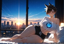 1girl ai_assisted ai_generated arm_support artist_name bangs bare_shoulders barefoot blush breasts brown_hair city city_lights cityscape collarbone crop_top curvaceous curvy curvy_female curvy_figure ear_piercing eyebrows_visible_through_hair female freckles grin indoors jewelry large_breasts looking_at_viewer midriff miyuai navel night night_sky ocean outdoors overwatch parted_lips see-through shiny shiny_hair shiny_skin shirt short_hair short_shorts short_sleeves shorts sitting sky smile solo spiked_hair star_(sky) starry_sky stomach swept_bangs thick thick_ass thick_butt thick_hips thick_legs thick_thighs thighs toes tracer_(overwatch) voluptuous voluptuous_female water wet_clothes white_shirt wide_hips wide_thighs yokozuwari