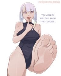 1girls asian asian_female blonde_hair clothed cyberpunk:_edgerunners feet feet_focus feet_together feet_up female female_focus female_only foot_fetish foot_focus from_below greek_toe jiinsan lucyna_kushinada presenting_feet short_hair soles stirrup_legwear stirrups studio_trigger toes