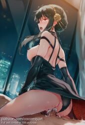 1boy 1girl 2026 ai_generated anus ass back black_dress black_gloves black_hair black_panties blush breasts breasts_out censored cheating clothed_female_nude_male clothed_sex clothing_aside cocomiyart cum cum_in_pussy cum_overflow curtains dress dress_pull earrings elbow_gloves flower girl_on_top gloves gold_earrings gold_hairband hair_flower hair_ornament hairband hetero highres indoors jewelry large_breasts long_hair mosaic_censoring night nipples nsfw nude open_mouth panties panties_aside penis pussy red_eyes reverse_cowgirl_position rose sex sex_from_behind short_hair_with_long_locks sidelocks solo_focus spy_x_family straddling sweat trembling two-sided_dress two-sided_fabric uncensored underwear vaginal window yor_briar yor_forger