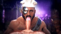 2boys 3d animated bara beard bionic_eye boner chef_hat chest_hair circumcised erection facial_hair fellatio gay gaymer93 gif giving_head going_down_on kano_(mortal_kombat) large_penis male male/male male_only mortal_kombat mortal_kombat_11 mouthful mustache nude oral oral_sex penis_in_mouth pov sucking_off yaoi