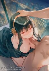 1boy 1girl 2026 ai_generated bare_shoulders black_dress black_gloves black_hair blush breasts breasts_out caressing_testicles cityscape clothed_female_nude_male clothes_pull cocomiyart dress dress_pull earrings elbow_gloves fellatio fingerless_gloves flower from_above gloves gold_earrings gold_hairband gumroad_username hair_flower hair_ornament hairband hand_on_another's_head hetero highres jewelry kneeling large_breasts long_hair night nipples nsfw nude oral penis red_eyes rose short_hair_with_long_locks sidelocks solo_focus spy_x_family testicles trembling uncensored yor_briar yor_forger