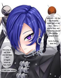 1girls 2boys black_cloak cloak crescent crescent_earrings english_text gore guro hair_over_one_eye imminent_death jewelry long_hair noodlesman promeia_(zenless_zone_zero) purple_eyes purple_hair snuff speech_bubble very_long_hair zenless_zone_zero