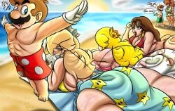 2boys 4girls ass_focus beach big_ass big_boobs big_breasts big_butt big_thighs bikini blonde_hair blue_eyes bouncing_on_ass brown_hair bubble_ass bubble_butt butt confused crown earrings female hot huge_ass huge_breasts huge_butt jumping jumping_on_another laying_down laying_on_stomach luigi male mario mario_(series) muscular muscular_female muscular_male nintendo ocean pauline pauline_(mario) pointing princess princess_daisy princess_peach princess_rosalina reading rosalina seductive seductive_look summer super_mario_bros. super_mario_galaxy sweat swimsuit swimwear tall_female taller_female