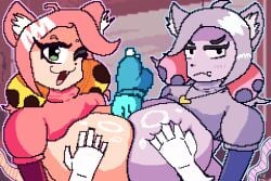 1boy 2girls deltarune deltarune_chapter_5 kris_(deltarune) looking_at_viewer mew_mew_(undertale) paizuri pixel_art pov self_upload spoilers therandombee titjob