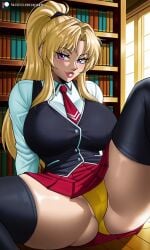 ai_assisted ai_generated bible_black bible_black_only black_vest blonde_hair blush covered_pussy female_focus female_only girls hi_res highres horny_female huge_breasts inviting_to_sex large_breasts library light-skinned_female lipstick long_hair long_sleeves milf necktie panties pleated_skirt ponytail purple_eyes red_skirt red_tie saeki_kaori school_uniform schoolgirl_uniform seductive seductive_smile sitting_on_floor smile smiling_at_viewer spread_legs thick_ass thick_legs thick_thighs thighs white_shirt white_undershirt wide_hips yellow_panties