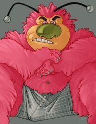absurd_res angry antennae_(anatomy) belly big_nose black_eyebrows boxers_(clothing) bulge cartoon_network clothing colored_nails eyebrows frown frowning_at_viewer fur furrowed_eyebrows fuzzy fuzzy_lumpkins green_navel grey_nails hairy hi_res humanoid light_face long_fur looking_at_viewer low-angle_view male nails pattern_clothing pattern_underwear pink_body pink_eyes pink_fur pinup plaid plaid_clothing plaid_underwear pose powerpuff_girls ravuer simple_background sitting slightly_chubby slightly_chubby_male solo thick_eyebrows underwear unknown_species