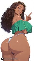 1girl ai_generated artist_name ass bare_shoulders breasts brown_eyes brown_hair covered_nipples crop_top curly_hair curvy dark-skinned_female dark_skin earrings eyewear_on_head from_behind grand_theft_auto grand_theft_auto_vi green_shirt grin hoop_earrings huge_ass huge_breasts jewelry large_breasts lips long_hair looking_at_viewer looking_back off-shoulder_shirt off_shoulder panties patreon questionable rockstar_games senpai_pixels simple_background smile solo sunglasses thick_thighs thighs thong underwear vice_city_cover_girl white_background