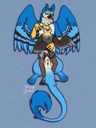 3:4 absurd_res american_kestrel anthro artist_name avian balls beak bird black_body black_feathers black_talons blue_body blue_feathers blue_fur bodily_fluids brown_beak brown_feet brown_legs claws cockatiel cockatoo cum cum_string cum_version dima_(electrotiel) duo feathers feet felid female feral fluffy fluffy_chest fluffy_ears fluffy_tail fur genital_fluids genital_piercing genitals grey_body grey_feathers gryphon hi_res hug hybrid irene_(purpthegryphon) lion long_tail looking_at_another male male/female male_on_top mammal mythological_avian mythological_creature mythology neck_tuft on_top orange_body orange_feathers pantherine parrot penis piercing pink_penis signature smile stacked tail tan_body tan_feathers tan_fur tapering_penis text trashjeanie tuft vulva vulva_piercing yellow_body yellow_claws yellow_feathers
