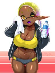 1girls big_breasts breasts cleavage earrings female female_only frye_(splatoon) frye_onaga huge_breasts inkling inkling_girl jacket large_breasts looking_at_viewer navel nintendo pointy_ears short_hair solo solo_female solo_focus splatoon splatoon_(series) splatoon_3 sweat sweatdrop sweating t2ukmyjm tentacle_hair thighs two-tone_hair