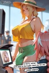 1futa 1futa1boy ai_generated ai_slop airport airport_security annoyed astolfo_(fate) bulge computer_monitor crop_top fate_(series) femboy futa futa_focus futanari male naruto naruto_(series) naruto_shippuden scanner security shorts text text_box text_bubble tsunade vacation waifu_judge