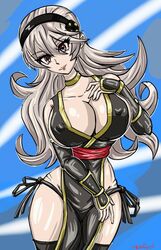 breasts cleavage clothed corrin_(fire_emblem) corrin_(fire_emblem)_(female) cosplay crossover dead_or_alive erect_nipples female female_only fire_emblem fire_emblem_fates fire_emblem_heroes highres huge_breasts kasumi_(doa) kasumi_(doa)_(cosplay) kunoichi large_breasts long_hair looking_at_viewer nintendo no_bra no_panties platinum_blonde_hair red_eyes redfoil revealing_clothes smile solo tagme