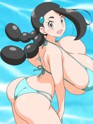 1girl ass bikini black_hair blue_background breasts brown_eyes candice_(pokemon) gigantic_breasts isometric long_hair looking_at_viewer multi-tied_hair nintendo open_mouth pokemon pokemon_diamond/pearl/platinum swimsuit thong thong_bikini zeronuruudon