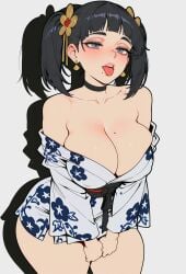 1girl ai_generated bare_shoulders black_choker black_hair blush breasts choker cleavage collarbone covered_nipples delloyer111 earrings floral_print flower grey_eyes hair_flower hair_ornament japanese_clothes jewelry kimono kirigaya_suguha large_breasts looking_at_viewer medium_hair mole mole_on_breast mole_under_mouth off_shoulder open_mouth sash shadow short_kimono simple_background solo sword_art_online teeth thighs tongue tongue_out twintails white_background
