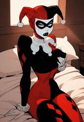 1girls 2d 2d_(artwork) ai_assisted ai_generated batman_(series) beautyash bodysuit breast_grab breast_press breasts costume dc dc_comics digital_drawing_(artwork) digital_media_(artwork) female female_focus female_only hand_on_breast harley_quinn harley_quinn_(classic) jester jester_costume jester_outfit light-skinned_female light_skin medium_breasts sitting thick_thighs