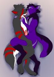 2023 animal_genitalia animal_penis anthro aura_(furrypurpleaura) bed canid canine canine_genitalia canine_penis claws duo fox frottage fur fur_markings furniture genitals grey_body grey_fur hi_res jailbird kissing lying lying_on_bed male male/male mammal markings multicolored_body multicolored_fur on_bed paws penile penis penises_touching pink_penis pubes purple_body purple_fur red_body red_fur sex tongue tongue_out white_body white_fur