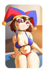 belly calm curvy inner_sideboob jester pinup_pose pomni_(the_amazing_digital_circus) sfw shading_eyes sitting sunrise the_amazing_digital_circus thicc thick_thighs wide_hips