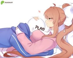 1girl1boy blue_jacket bow brown_hair cuddling doki_doki_literature_club green_eyes headpat lying_on_breasts lying_on_person medium_breasts monika_(doki_doki_literature_club) pink_jacket player ponytail raionart sans undertale wholesome