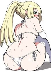 1girls ass bikini blonde_hair blush ecgg_(tsuji418477) female green_eyes lillie_(pokemon) looking_at_viewer looking_back nintendo pokemon pokemon_sm ponytail sweat swimsuit thigh_highs thighhighs