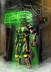 2017 anthro balls black_bodysuit black_clothing black_latex black_skinsuit bodysuit brown_body brown_eyes brown_fur brown_tail bulge cable canid canine clothed clothing dated detailed_bulge fur futuristic genital_outline genitals hi_res hose hufnaar inside latex latex_bodysuit latex_clothing latex_skinsuit male male_anthro mammal muscular muscular_anthro muscular_male penis_outline signature skinsuit solo standing tail tight_clothing yellow_bodysuit yellow_clothing yellow_latex yellow_skinsuit