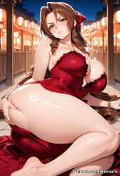 1girl aerith_gainsborough ai_generated big_breasts brown_hair female final_fantasy final_fantasy_vii final_fantasy_vii_remake mature_female revoaru thick_thighs thighs