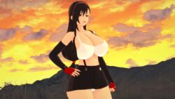 1girls 3d big_breasts black_fingernails black_skirt breasts brown_hair cleavage clouds compression_sleeve earrings erect_nipples erect_nipples_under_clothes evening female female_only final_fantasy final_fantasy_vii gloves hand_on_hip huge_breasts human koikatsu large_breasts leather_skirt looking_at_viewer midriff midriff_baring_shirt miniskirt panties patreon ponytail pose posing red_eyes short_skirt skirt sky smile smiling solo standing suspenders takeo92 tank_top tifa_lockhart tight_clothing white_panties white_top wide_hips