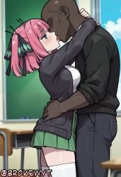 1boy 1girl ai_generated arms_around_neck bangs black_cardigan black_ribbon blue_eyes blunt_bangs blush breasts brokewyt butterfly_hair_ornament cardigan classroom cuckold dark-skinned_male dark_skin desk faceless french_kiss from_side go-toubun_no_hanayome green_skirt hair_ornament hair_ribbon hetero hi_res high_quality high_resolution highres hug indoors interracial kiss large_breasts long_sleeves nakano_nino netorare open_cardigan pants pink_hair pleated_skirt ribbon school_uniform shirt short_hair skirt thighhighs tongue tongue_out uncensored white_shirt zettai_ryouiki