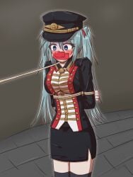 arms_tied_behind_back asphyxiation blue_eyes blush bondage hat hatsune_miku over_the_nose_gag suffocation tape_gag twintails uniform vocaloid wide_eyed