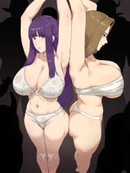 2girls anxious armpits arms_up ass bra breast_binding breasts brown_hair cleavage defeated defeated_heroine distress female female_focus fern_(sousou_no_frieren) floral_print helpless helpless_female heroine_in_trouble hourglass_figure imminent_rape ksksksa large_breasts long_hair methode_(sousou_no_frieren) panties purple_eyes purple_hair sousou_no_frieren sweat thick_thighs thighs underwear underwear_only voluptuous voluptuous_female
