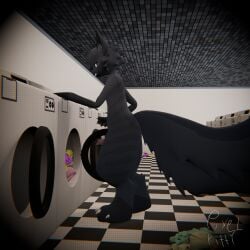1:1 absurd_res animal_genitalia anthro appliance big_tail black_body black_fur blender_(artwork) blush digital_media_(artwork) domestic_cat felid feline felis fur genitals hai_(pixel_kitty) hi_res kepler_(species) laundry_machine male mammal markings penis pixel_kitty public public_nudity solo striped_markings stripes tail washing_machine
