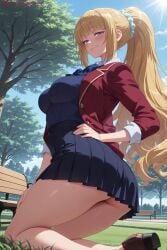 1girl ai_generated ass bangs blonde_hair blue_sky blush breasts brown_footwear classroom_of_the_elite day from_below hair_ornament hair_scrunchie hand_on_hip hi_res high_quality high_resolution jacket karuizawa_kei kiraamane large_breasts loafers long_hair looking_at_viewer outdoors patreon pleated_skirt ponytail purple_eyes school_uniform scrunchie seductive sexy shoes skirt sky smile solo thighs tree uncensored watermark