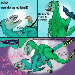 1:1 animal_genitalia animal_vulva bestiality blue_dildo bodily_fluids claws cloaca cloaca_juice cloacal cloacal_penetration comic daughter_(lore) deinonychus dialogue digital_media_(artwork) dildo dildo_insertion dinosaur dromaeosaurid duo english_text feathered_dinosaur feathered_scalie feathered_wings feathers female female/female female_penetrated female_penetrating female_penetrating_female feral feral_on_feral feral_penetrated feral_penetrating feral_penetrating_feral from_behind_position fuckermare genital_fluids genitals hi_res humping incest_(lore) mother_(lore) mother_and_child_(lore) mother_and_daughter_(lore) nude parent_(lore) parent_and_child_(lore) parent_and_daughter_(lore) penetration penile penile_penetration penis prehistoric_species reptile saurischian scalie sex sex_toy sex_toy_insertion simple_background speech_bubble strapon strapon_sex tail text theropod tongue toying_partner vulva wings
