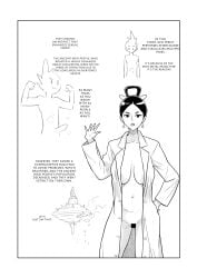 1girl black_hair capcom censor_bar censored doujin doujinshi_page dr._vega earrings english_text heriyama large_breasts long_shirt mature_female mega_man mega_man_star_force milf monochrome nude open_clothes pussy standing