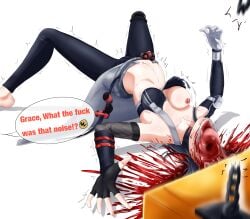 1girls accident asymmetrical_gloves bare_shoulders black_sports_bra blood breasts corpse crop_top death decapitation english_text exploded_head fishnet_gloves gloves gore grace_howard grey_belt guro head_crushing head_explosion jaws large_breasts navel necrophilia nipples noodlesman one_breast_out pants sexy_punishment single_fingerless_glove snuff sports_bra zenless_zone_zero zipper_top