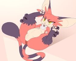 2026 anthro anus backsash bandai_namco big_butt big_ears butt claws collar digimon digimon_(species) digital_media_(artwork) featureless_crotch feet felid female fur gatomon hair hi_res hindpaw looking_at_viewer lying mammal markings nude null null_bulge on_back pawpads paws presenting presenting_hindquarters semi-anthro simple_background smile solo tail teeth thick_thighs tuft vivi_(inline) wide_hips yellow_eyes