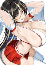 amadea_wolfa armpits arms_up ass black_hair blonde_streaks blush breasts cleavage collarbone detached_sleeves dolphin_wave hakama hakama_skirt huge_breasts long_hair looking_at_viewer miko nontraditional_miko sitting skirt smile solo taraba_(redkingtaraba) thighhighs yellow_eyes